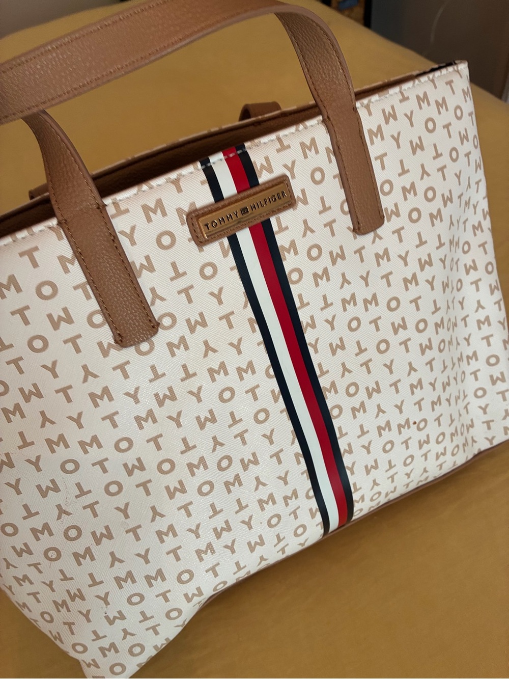 Tommy Hilfiger Beige Monogram Tote with Signature Stripe